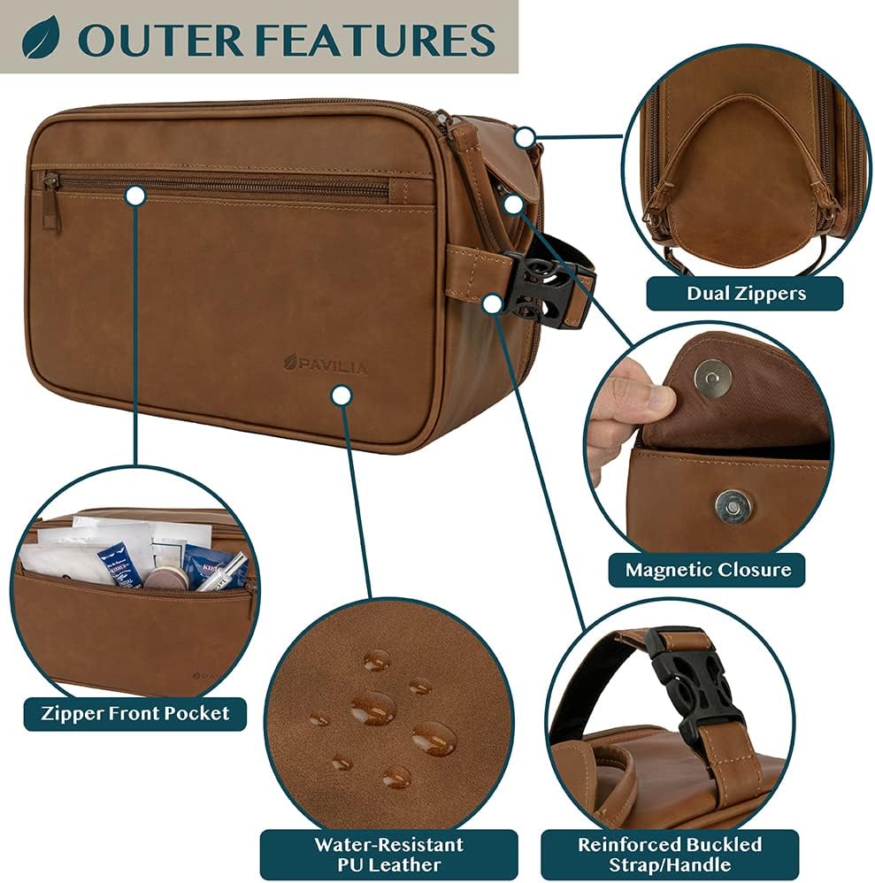 PAVILIA Toiletry Bag for Men, Travel Essentials Shaving Dopp Kit, Mens Travel Bag Toiletries Organizer Case for Grooming, PU Leather Water Resistant Cosmetic Bag Pouch (XL, Brown)