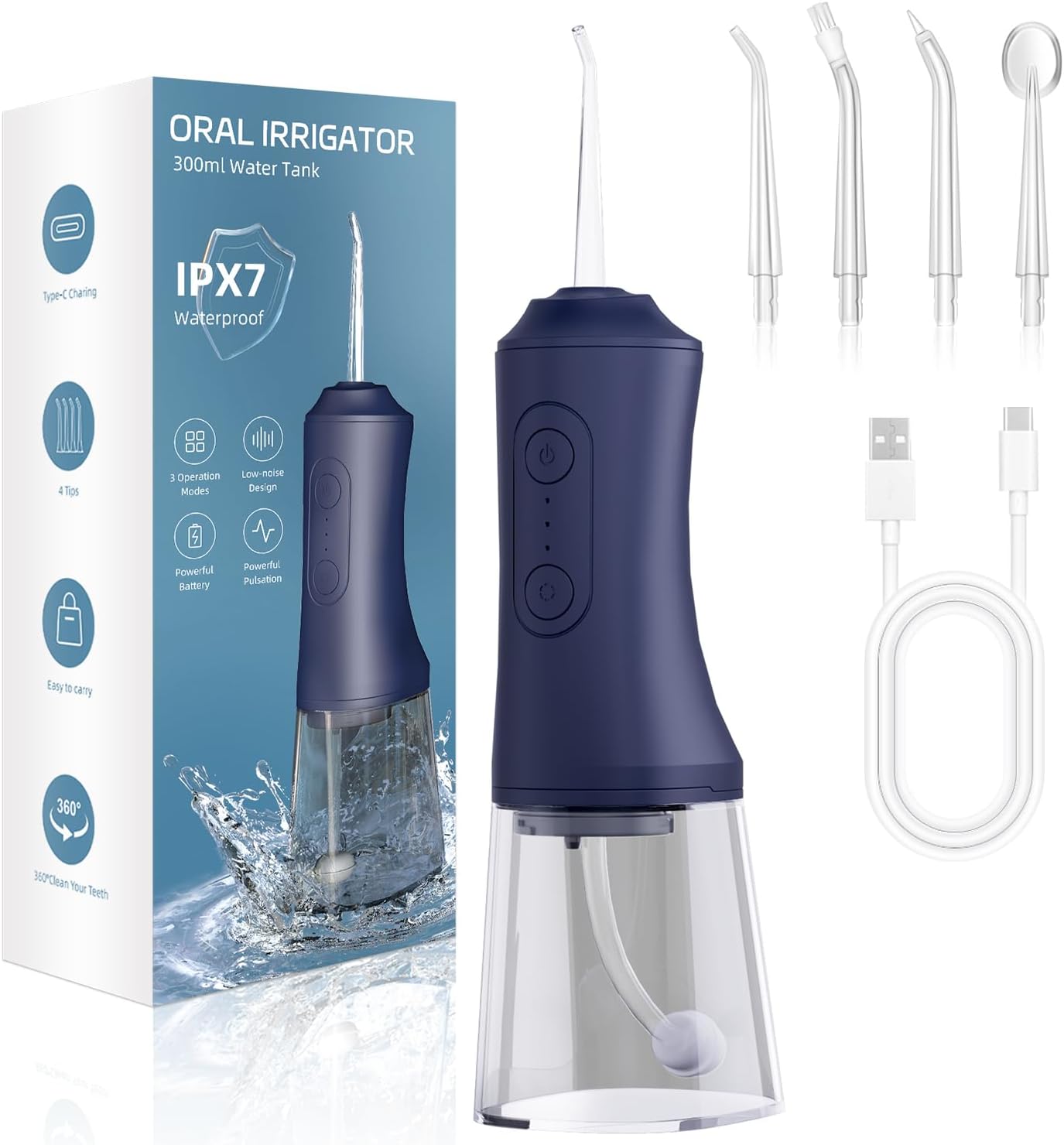 Water Dental Flosser - Portable Cordless Oral Irrigator 300ML, Rechargeable IPX7 Waterproof Irrigation Cleaner for Teeth Cleaning & Flossing, Travel & Home Use (mid Night Blue)