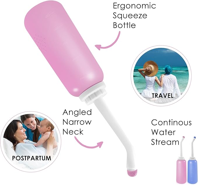 RUFCRIL Peri Bottle, 2-Pack Portable Travel Bidet with Bag, TPE Material Can Be Boiled, 17oz/500ml with 2 Sealing Rings,Essentials for Postpartum Perineal Care,Hemorrhoid Treatment,and Baby(Pink/Blue)