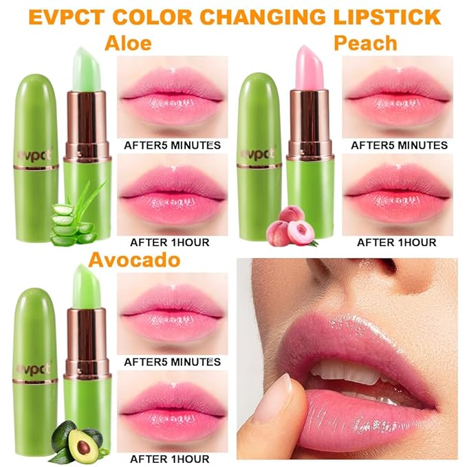 evpct 3Pcs Magic Color Changing Lipstick Long Lasting Waterproof 24 Hours Original for Women, Aloe Vera Peach Avocado Pink PH Mood Permanent Color Changing Lipstick Lip Balm Gloss, labial magico
