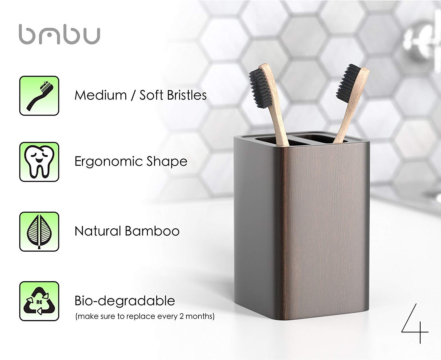 bmbu Bamboo Toothbrush 4 Pack - Medium/Soft Charcoal Bristles Tooth Brushes Wooden Handle - BPA Free, Eco Friendly, Vegan Product Gift Idea, Sustainably Grown in Recycled Biodegradable Packaging