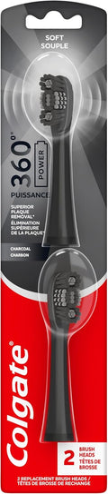 Colgate 360 Power Charcoal Replacement Toothbrush Heads, Works with Any 360 Battery Toothbrush, Features Soft Bristles and a Rubber Polisher on Each Replacement Head, 2 Pack