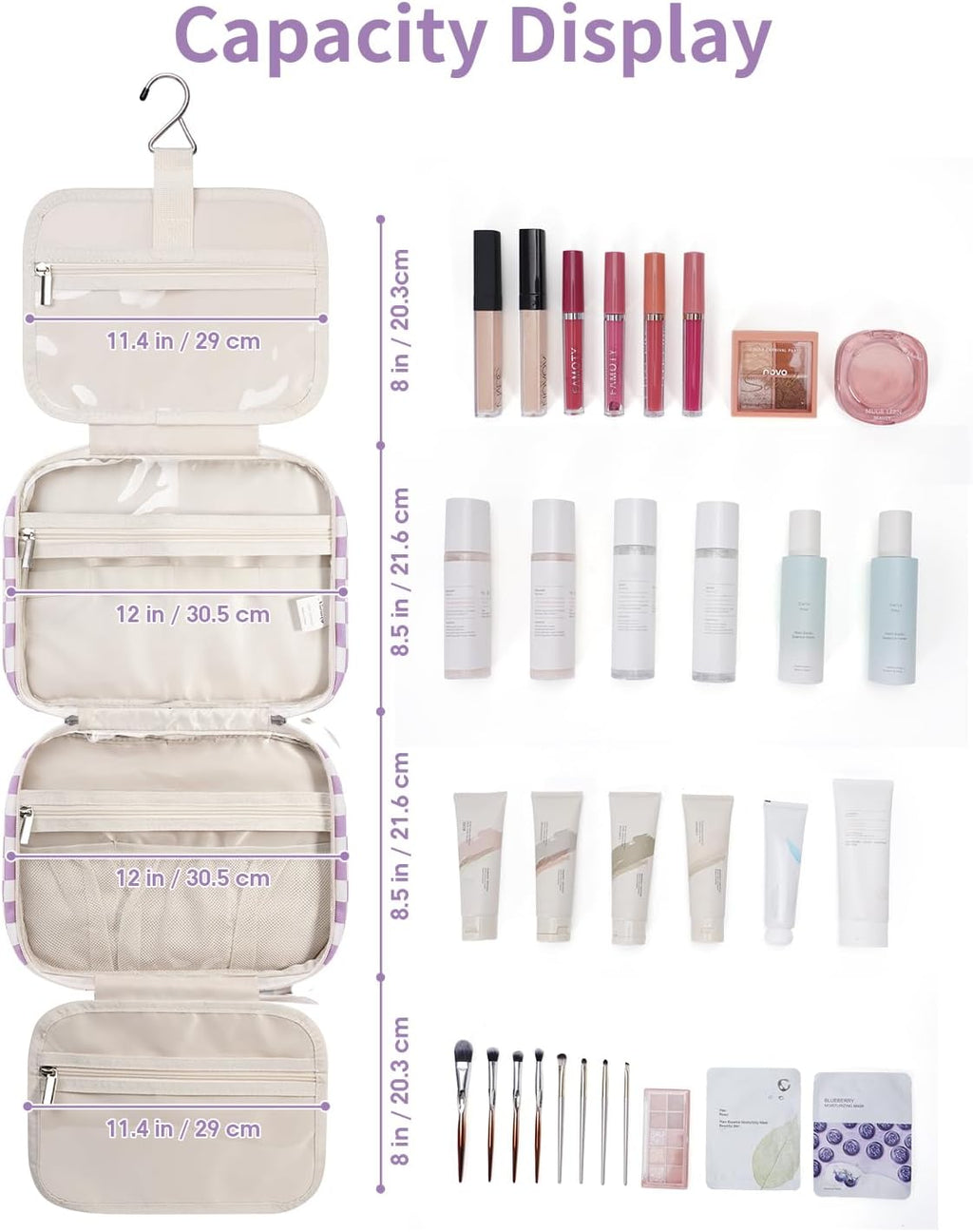 Narwey Travel Toiletry Bag for Women Large Hanging Makeup Bag Organizer Toiletries Bag for Full Size Essentials Accessories Cosmetics (Purple Checkerboard (Large))