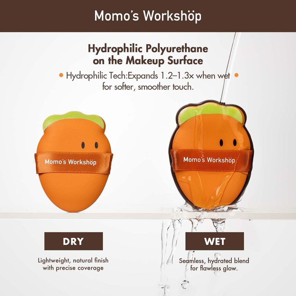 Momo’s Workshop Carrot Makeup Sponge – Dual-Use PU Beauty Sponge with Lychee Leather Handle, 16mm Hydrophilic Sponge for Foundation Coverage, Dry/Wet Application,2pcs with Case