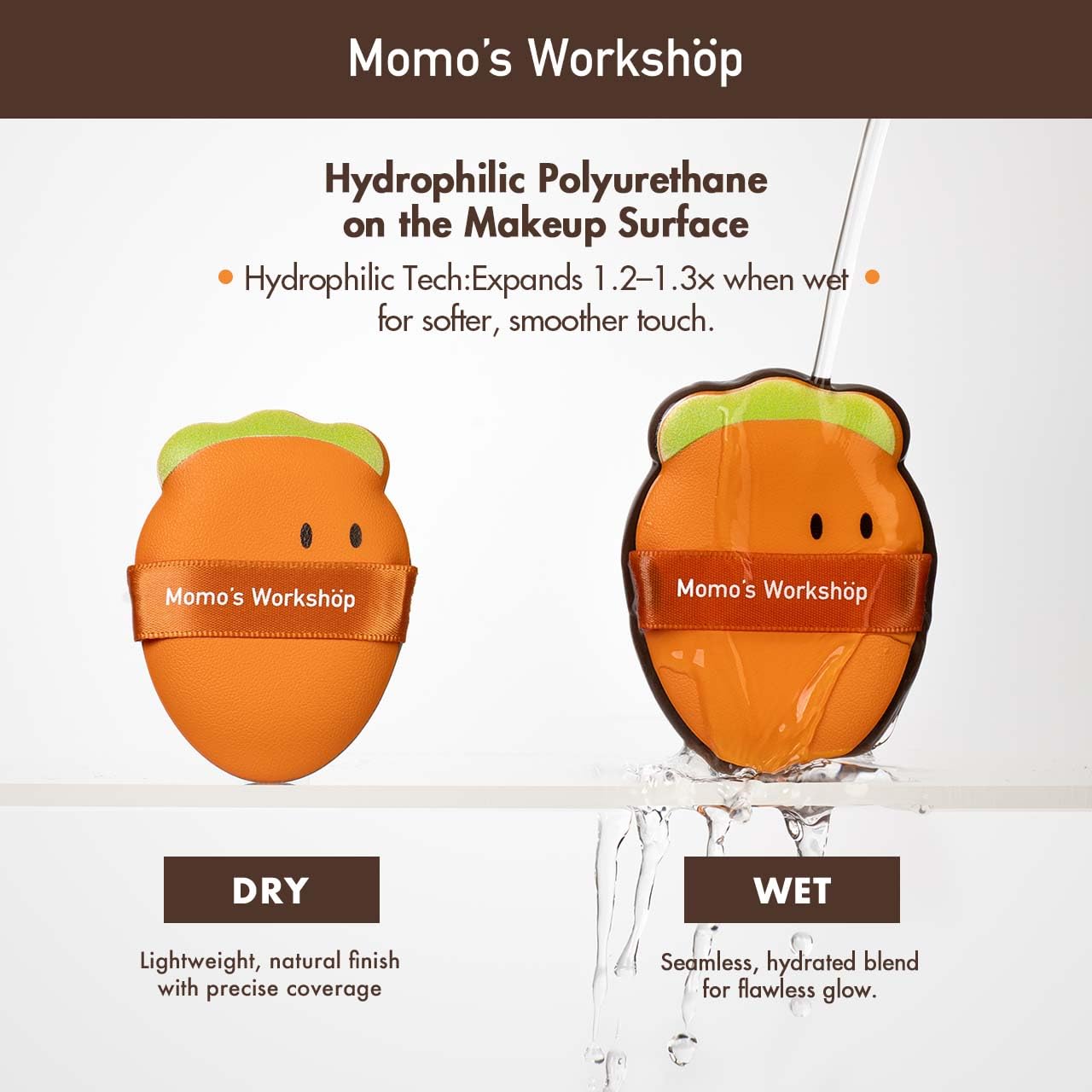 Momo’s Workshop Carrot Makeup Sponge – Dual-Use PU Beauty Sponge with Lychee Leather Handle, 16mm Hydrophilic Sponge for Foundation Coverage, Dry/Wet Application,2pcs with Case