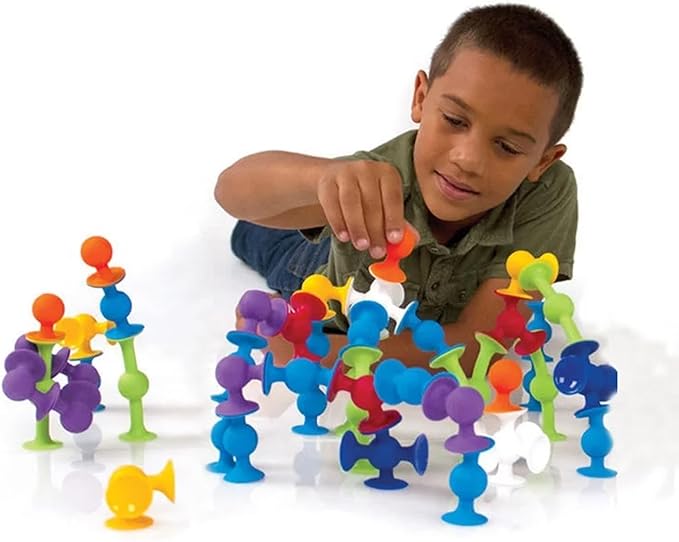 58 Piece Suction Fun Sticky Toy Set with Storage Bin, BPA Free Silicone, Stimulating Sensory Travel Bathtub Window Toys for Kids Boys Girls, Medium