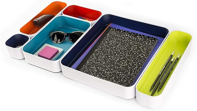 Three by Three Seattle 6 Piece Metal Organizer Tray Set for Storing Makeup, Stationery, Utensils, and More in Office Desk, Kitchen and Bathroom Drawers (2 Inch, Classic Colors)