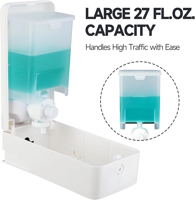 27oz (800 ml) Manual Wall Mounted Soap Dispenser, Ideal for Commercial Bathrooms Restaurants Hotels, Use with Liquid Hand Soap Shampoo, ABS White