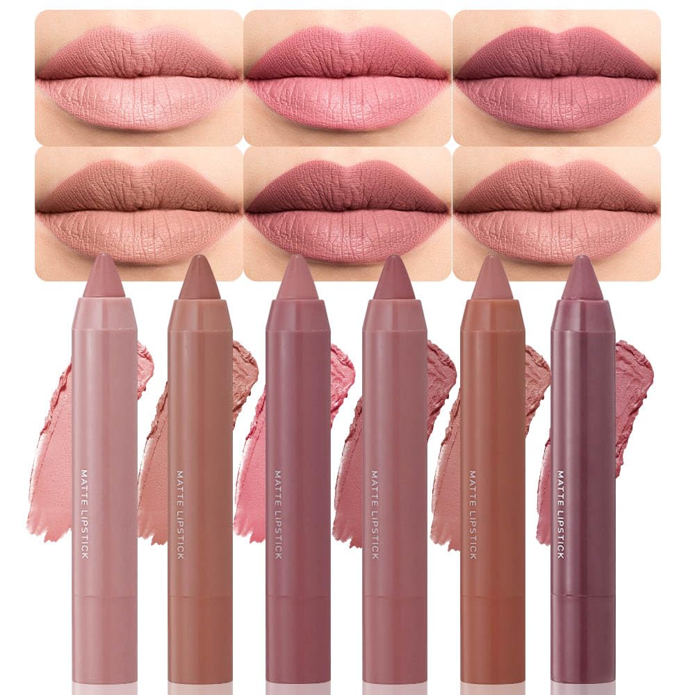 BINGBRUSH 6Pcs Lip Crayon Matte Lipstick,lip stain long lasting waterproof Longwear Lipstick Set Moisture Smooth Lip Liner color stay lipsticks Makeup for Women (6pcs)