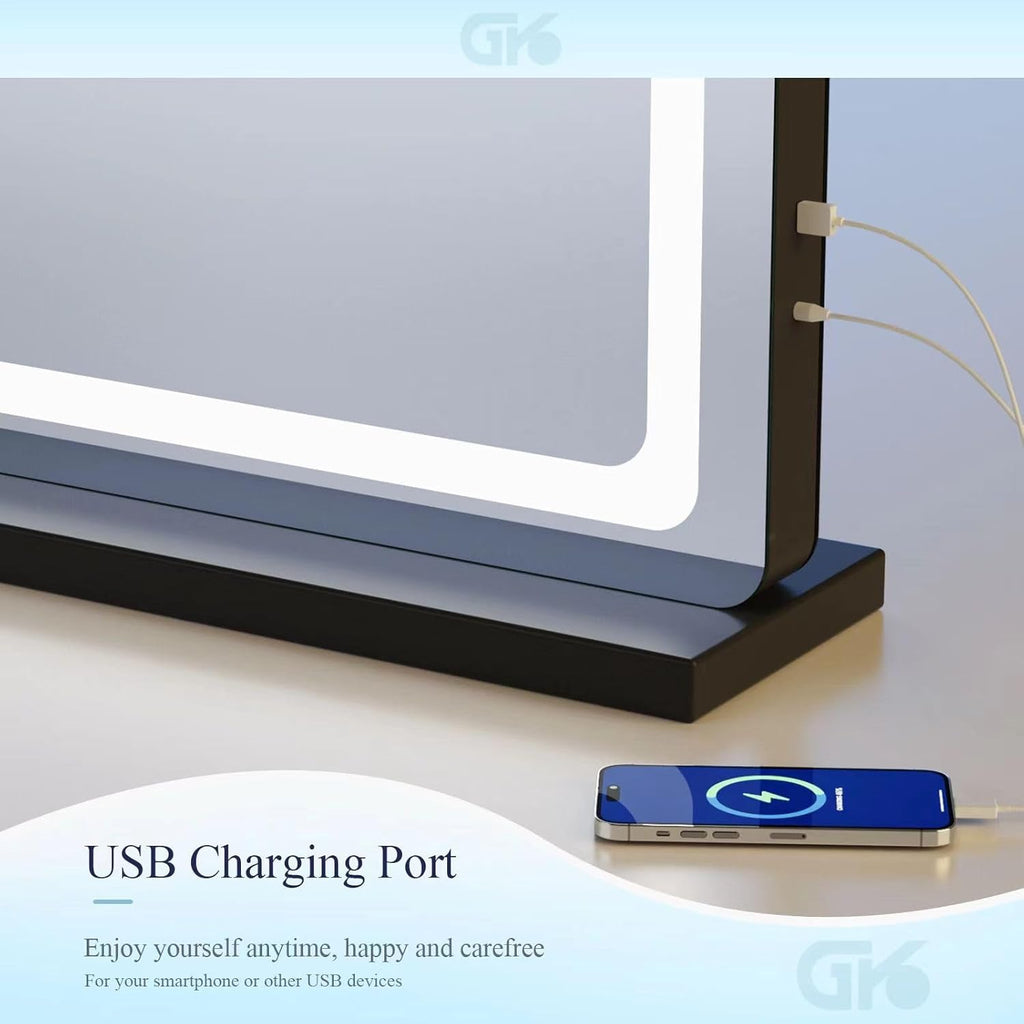 Makeup Vanity Mirror with Lights 32" x 24" Large LED Makeup Mirror, Light up Mirror with 10X Magnification and USB Charging Port, with Dimmable 3 Modes, Touch Screen Control Round Black