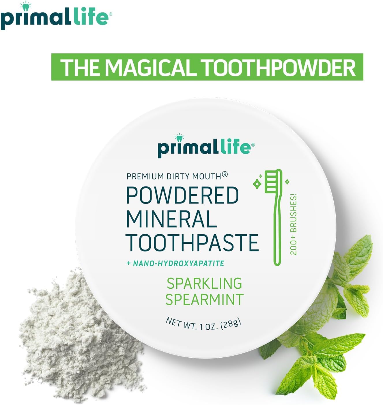 Primal Life Organics - Dirty Mouth Toothpowder, Tooth Cleaning Powder, Flavored Essential Oils with Natural Kaolin & Bentonite Clay, Good for 200+ Brushings, Paleo, Organic, Vegan (Spearmint, 1 oz)