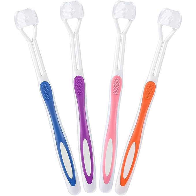 Boao 4 Pieces Toothbrush 3 Sided 7.1 Inch Autism Sensory Toothbrush 360 Degree Cleaning Travel Brush Complete Teeth Gum Care Angle Clean Tooth(Pink, Blue, Orange, Purple)