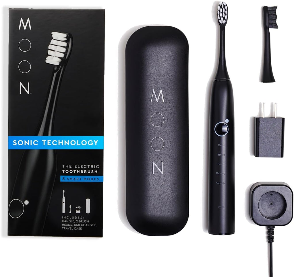 MOON Sonic Electric Toothbrush for Adults & Teens, Black, 5 Smart Modes, Clean, White, Massage, Polish & Sensitive, Rechargeable with Travel Case & 2 Brush Heads, Industry-Leading 6 Week Charge