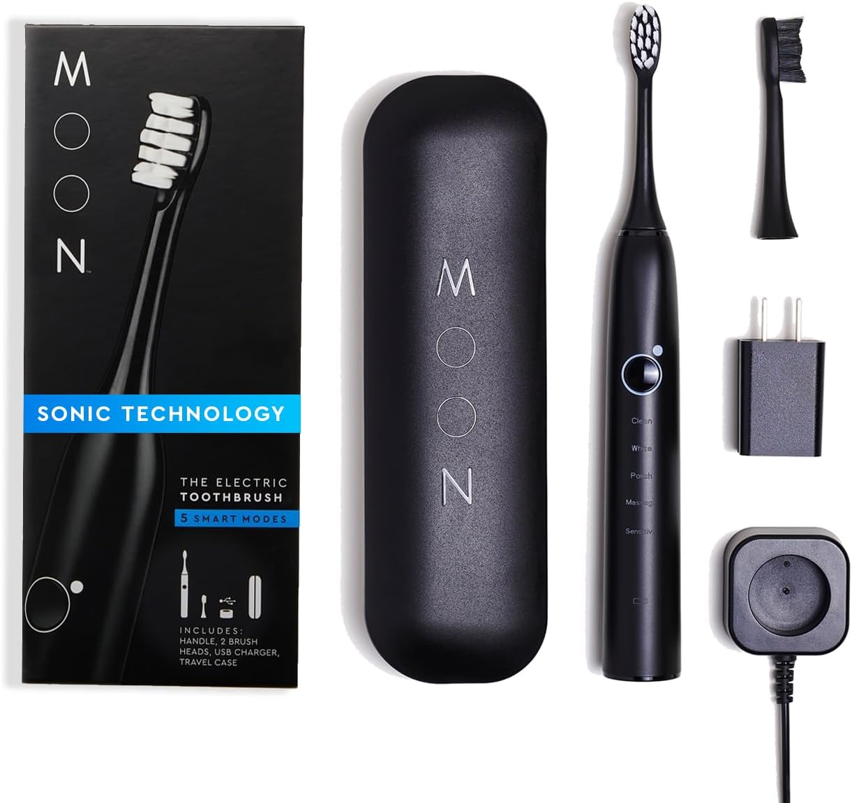 MOON Sonic Electric Toothbrush for Adults & Teens, Black, 5 Smart Modes, Clean, White, Massage, Polish & Sensitive, Rechargeable with Travel Case & 2 Brush Heads, Industry-Leading 6 Week Charge