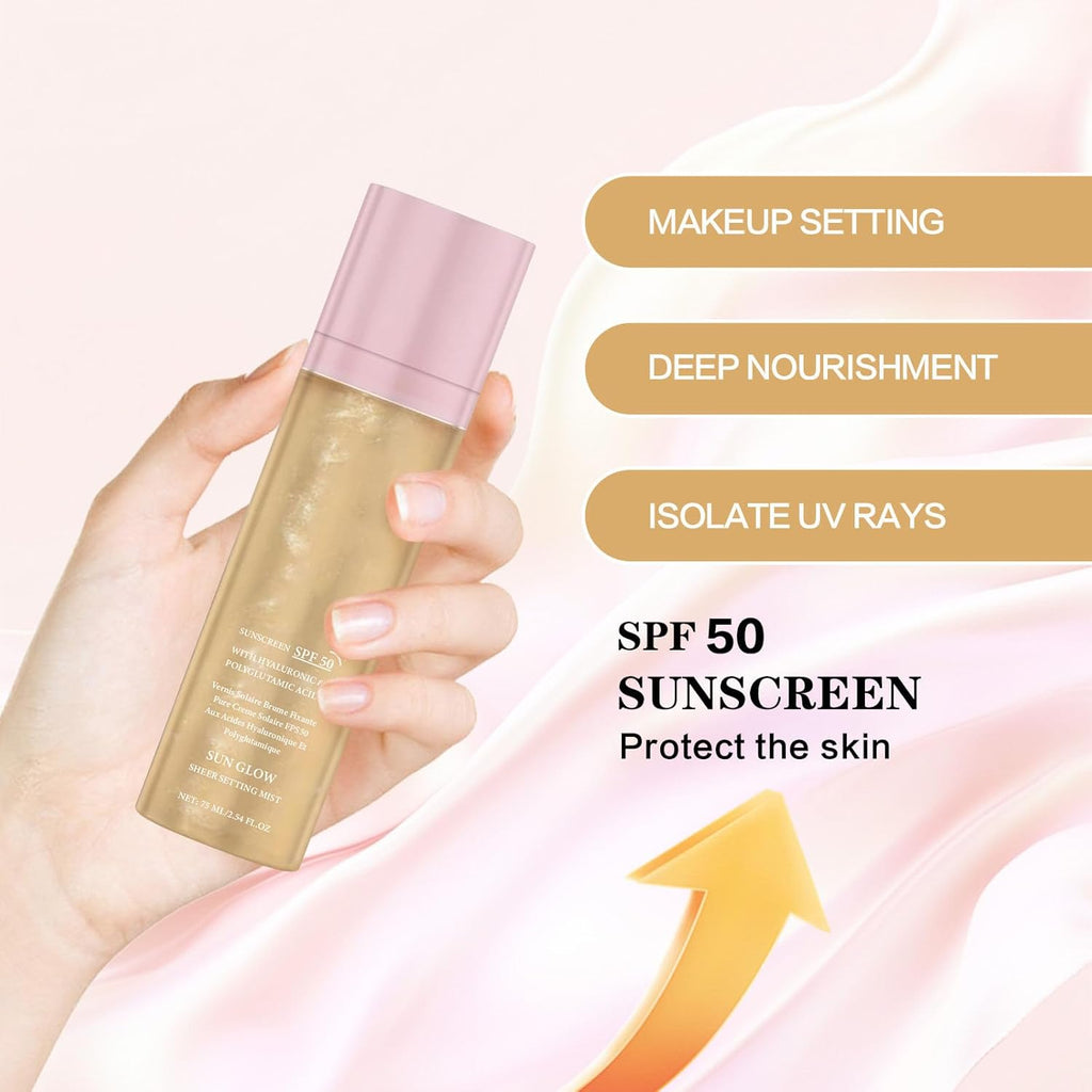 Sheer Setting Mist Sunscreen SPF 50 for Face & Body, Broad Spectrum Shimmering Body Oil Mist, Hydrating Makeup Friendly Glow Spray, Non-Greasy, Fast-Absorbing, Waterproof Long Lasting
