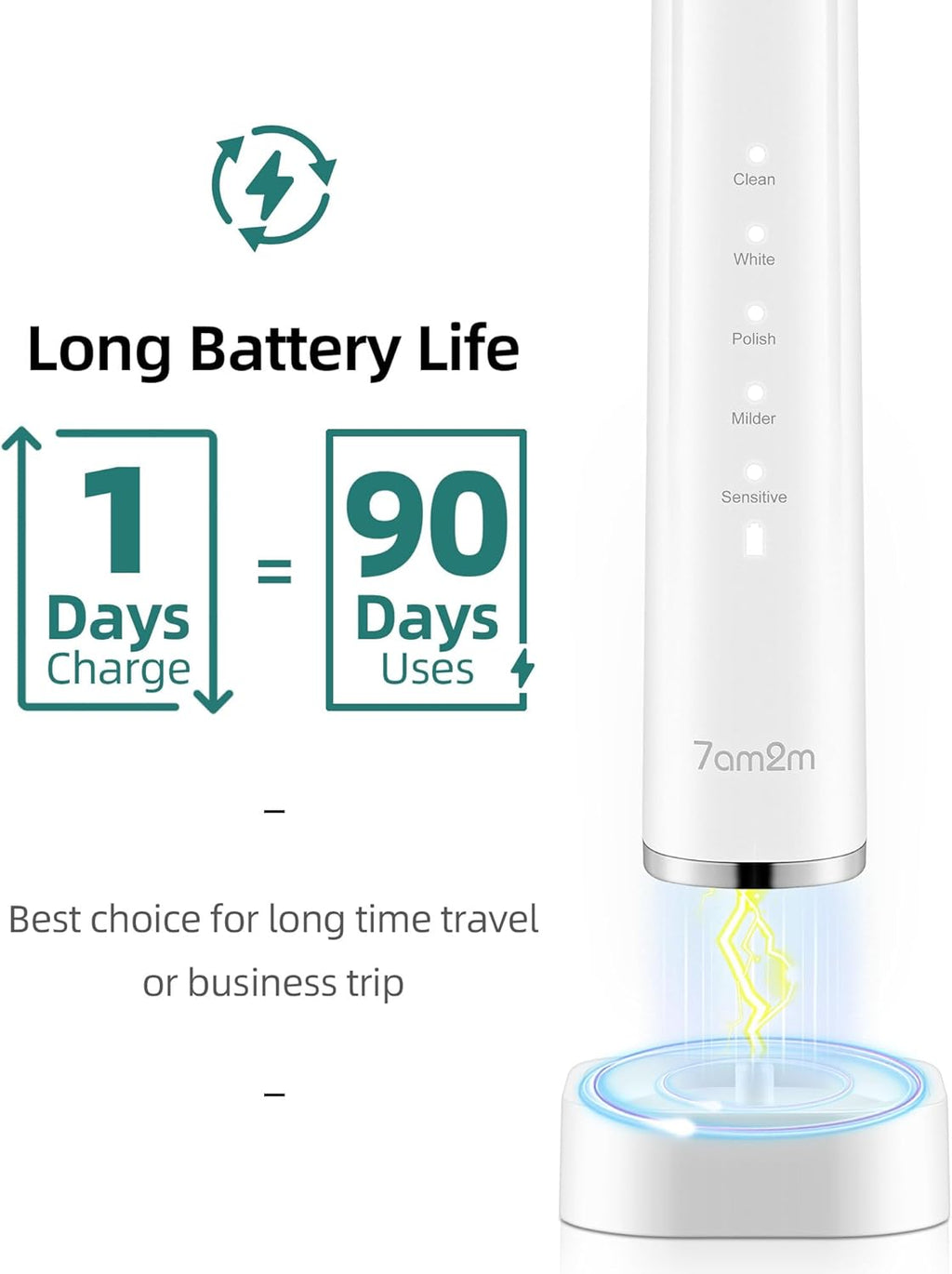 7AM2M Sonic Electric Toothbrush with 6 Brush Heads for Adults and Kids, One Charge for 90 Days, Wireless Fast Charge, 5 Modes with 2 Minutes Built in Smart Timer, Electric Toothbrushes (Black&White)