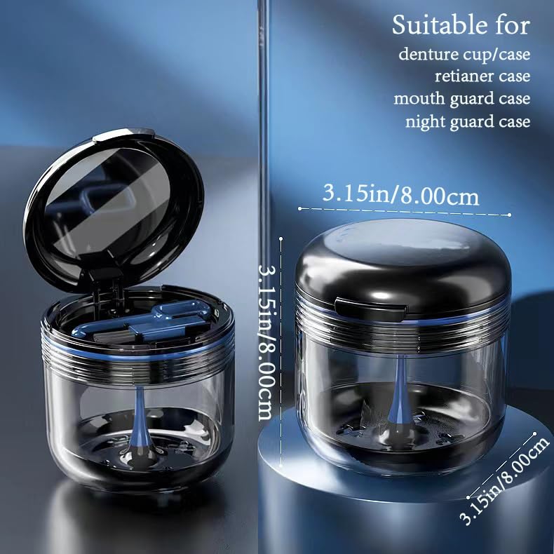 Retainer case, Denture Bath Cup，Retainer Cleaner Case Box,Night Mouth Guard Case Holder,Storage Soak Container with Drain Tray for Travel Cleaning with Mirror and Brush