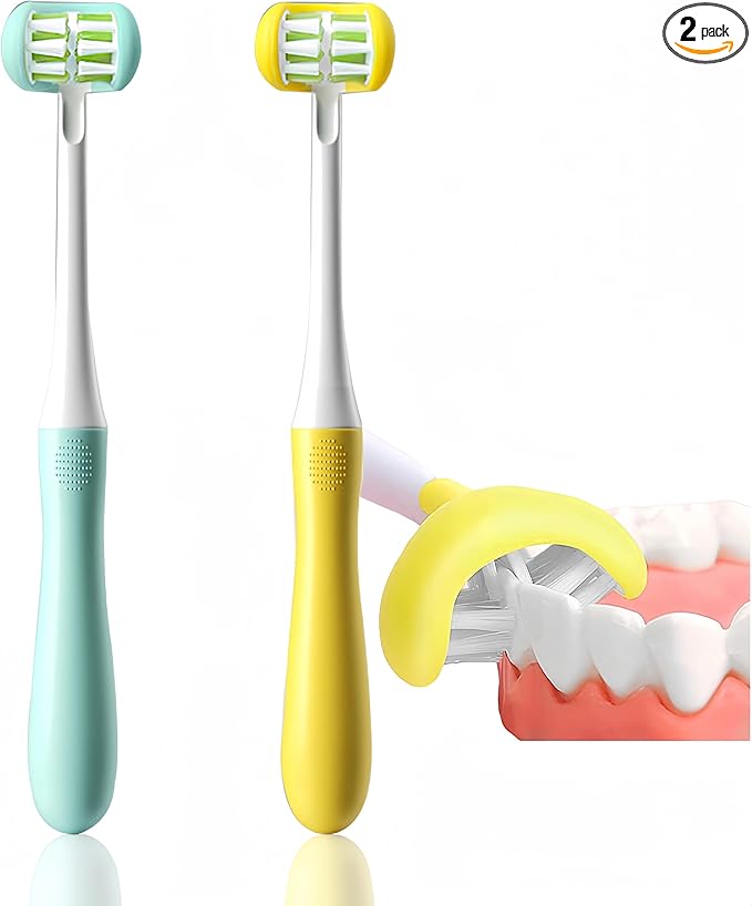 2 Pieces 3 Sided Toddler Toothbrush, Three Bristles for Kids Toothbrush, Autism Soft Bristles,Soft and Gentle for Complete Tooth and Gum Care (C3（Blue+Yellow） Kids)