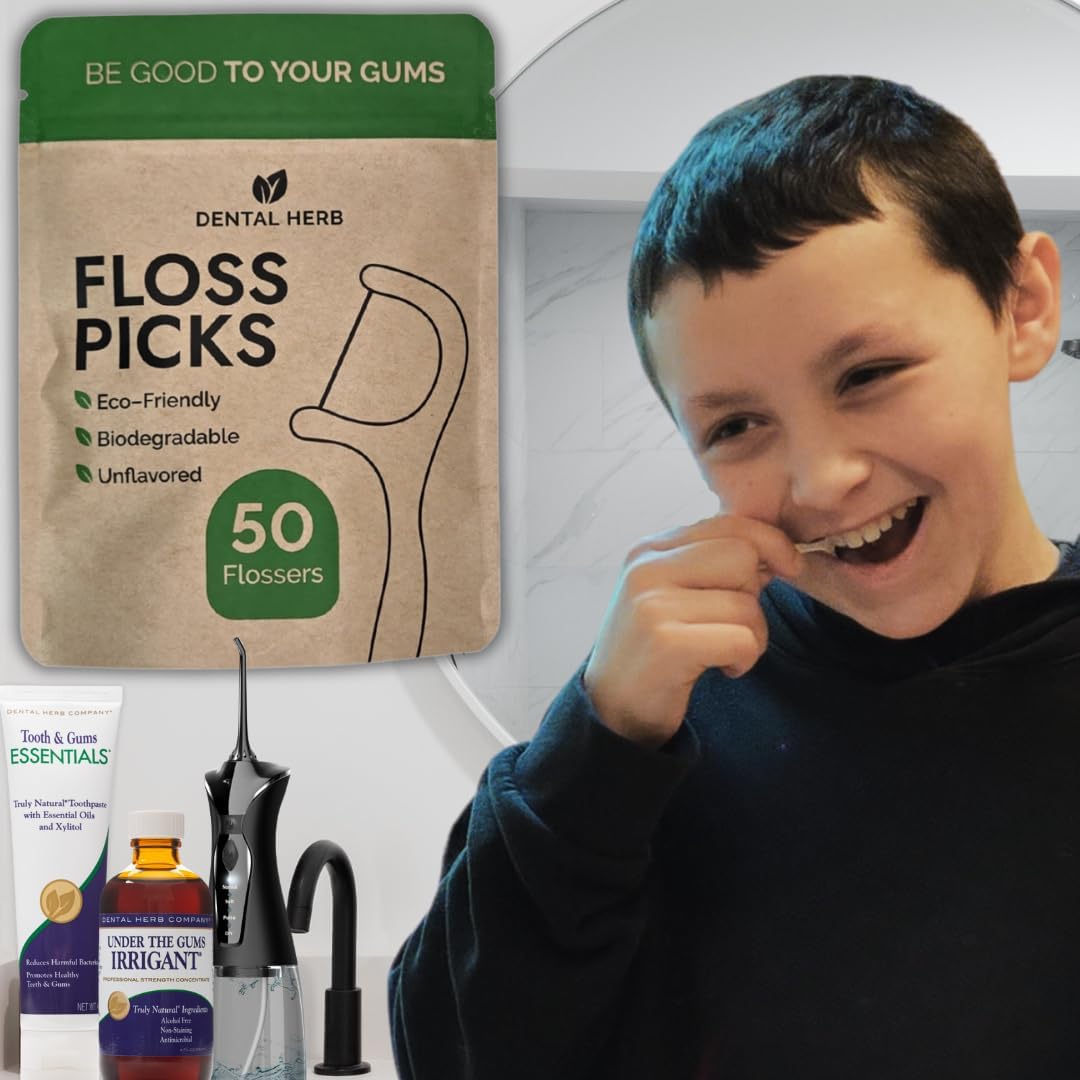 Dental Herb Company Biodegradable Dental Floss Picks, 200 Count (4×50) - Unflavoured, Plant-Based, Plastic-Free & BPA-Free Tooth Flossers, Vegan & Eco-Friendly Oral Care