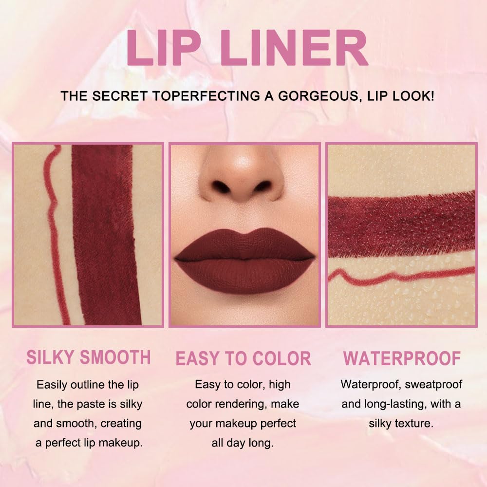 evpct 1Pcs Dark Deep Red Lip Liner and Lipstick Set Kit for Women Matte Lips Kit with Lip Liner Lip Stains Long Lasting Waterproof 24 Hour Lipstick and Lip Liners Combo Lipliners Pencil Set 15#