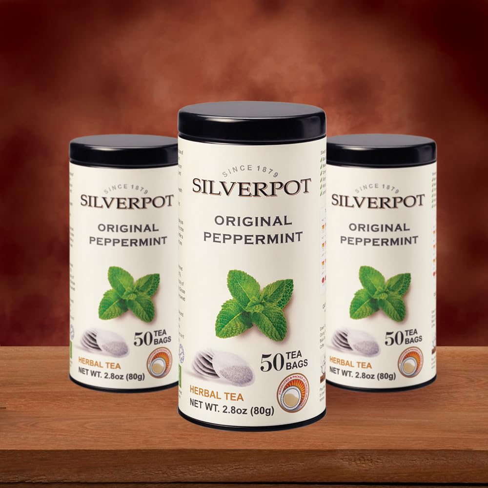 Silverpot Original Peppermint Tea Bags - 50 Round Bags | Natural, Refreshing Mint | Caffeine Free, Herbal | Reusable Tin