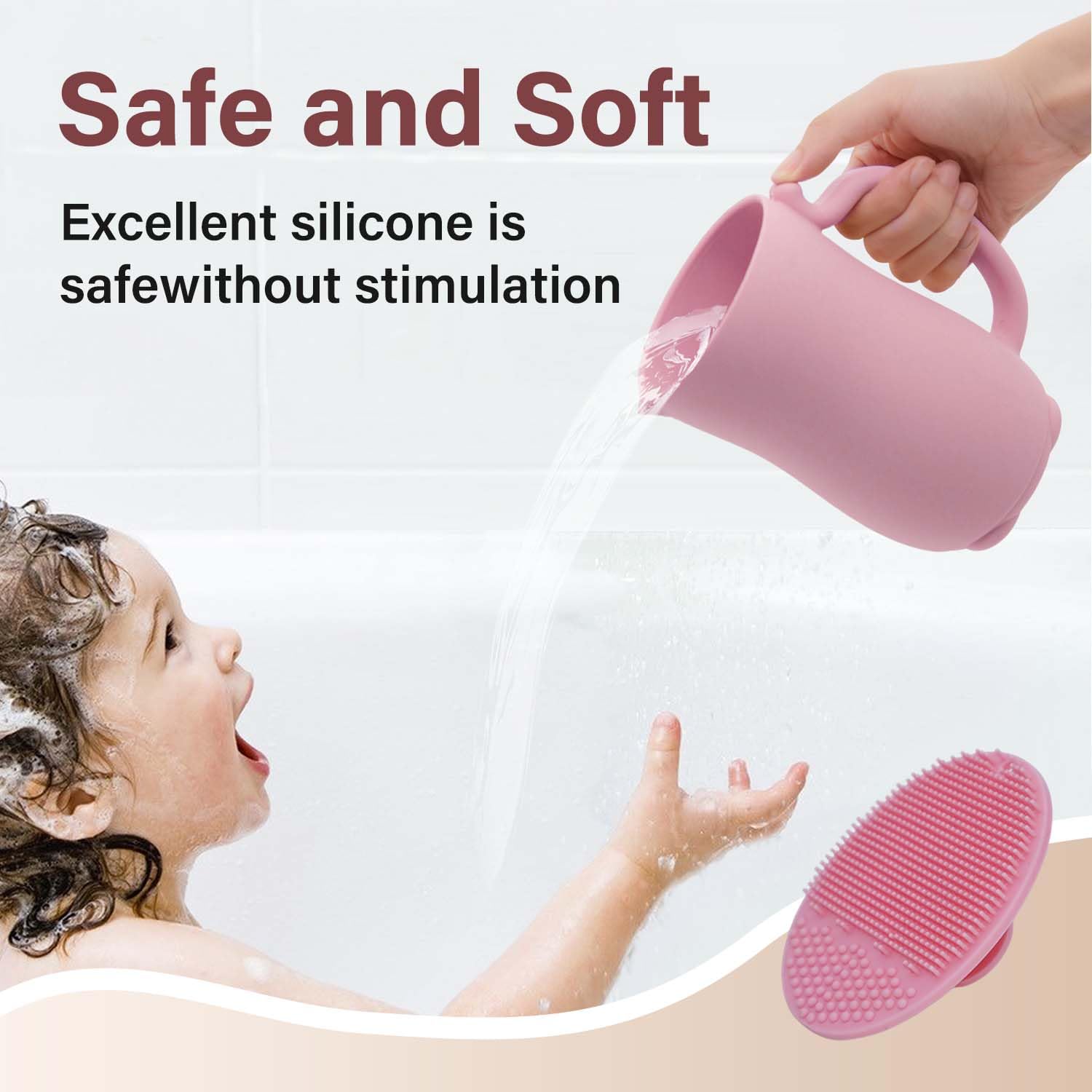 mandoo Baby Bath Rinse Cup - Food Grade Silicone - Shampoo & Body Washing Rinser Cup for Kids with Easy Grip Handle to Rinse Baby Shampoo and Soap - Baby Essentials (Mint+Brush)