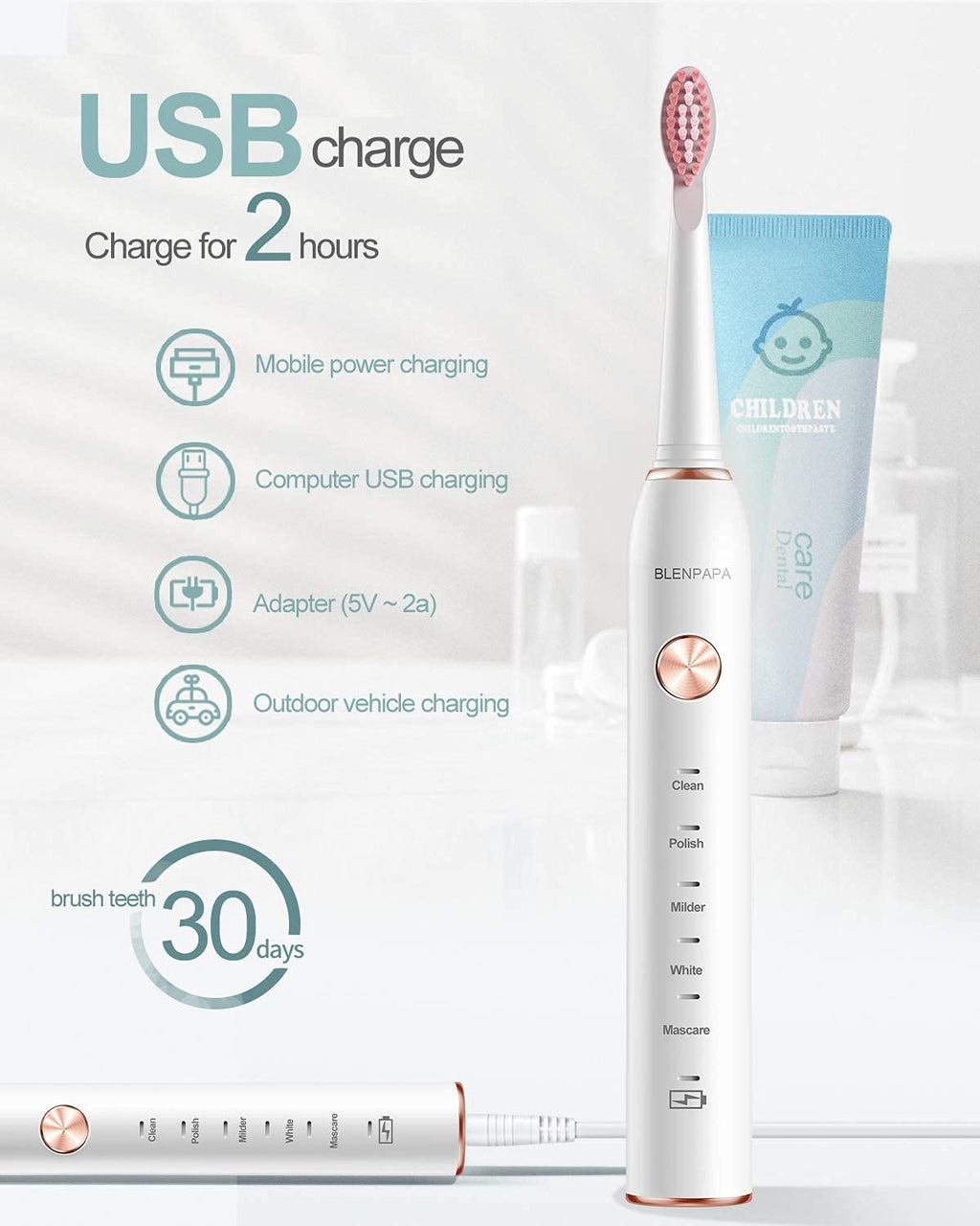 High Vibration 38000VPM Sonic Electric Toothbrush for Adults with Timer Dupont Brush Heads Ultra Whitening 5-Modes - White