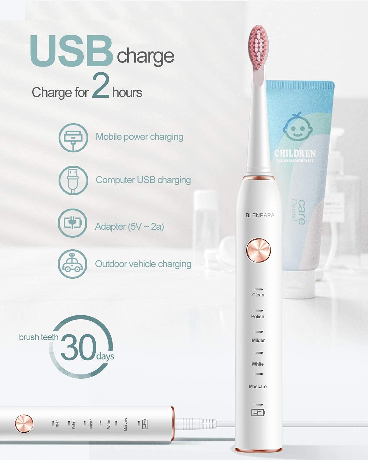 High Vibration 38000VPM Sonic Electric Toothbrush for Adults with Timer Dupont Brush Heads Ultra Whitening 5-Modes - White