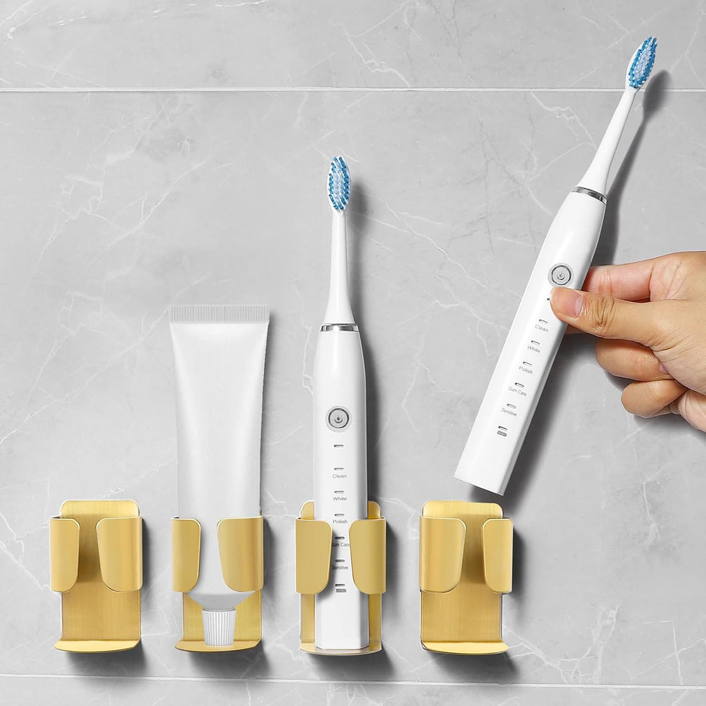 Electric Toothbrush Holder, 304 Stainless Steel Wall Mounted Self Adhesive Storage Organizer Stand Rack for Electric Toothbrush, Toothpaste, Facial Cleanser(Golden 4 Pack)