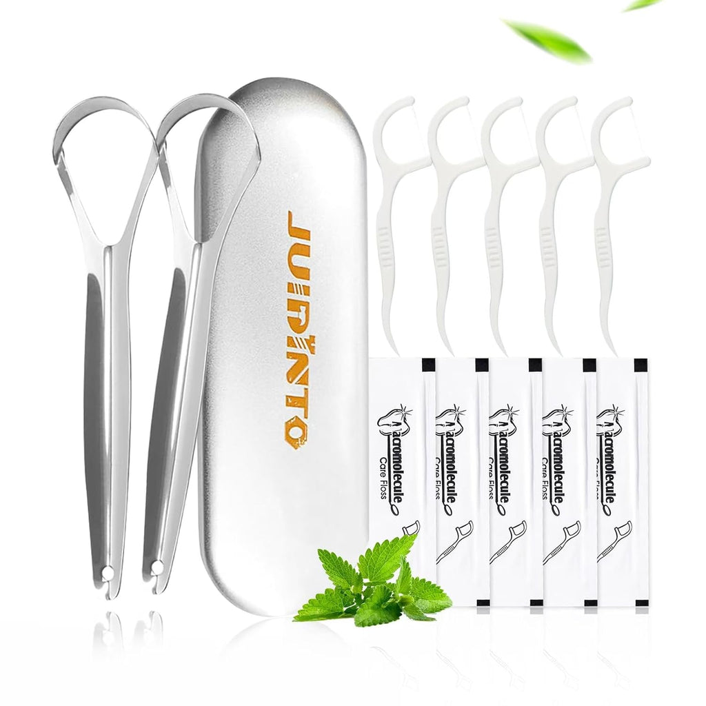 Tongue Scraper Set for Adults – 2 Medical-Grade Stainless Steel Tongue Scrapers with Travel Case + 10 Pack Floss Picks – Tongue Cleaner for Oral Care & Hygiene, Reduce Bad Breath