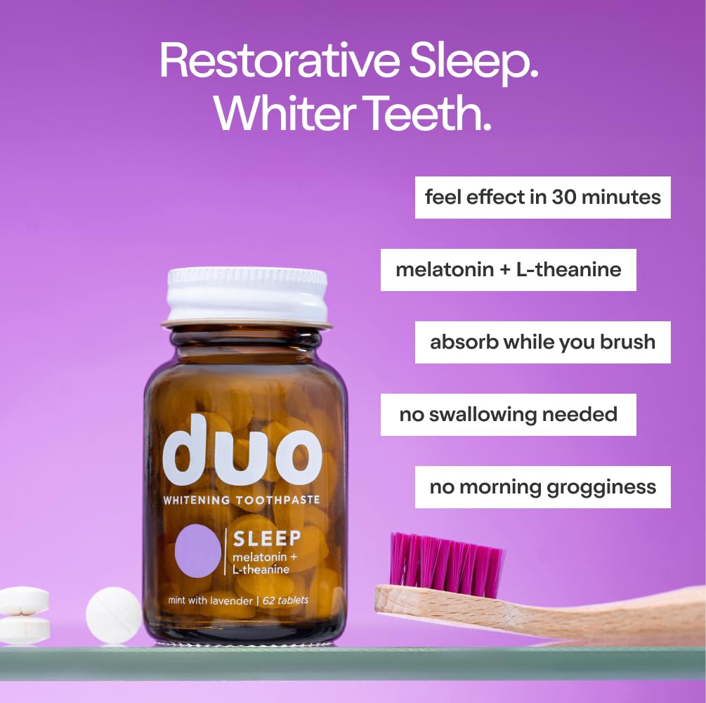 Duo Sleep Toothpaste Tablets | Melatonin w/Nano-Hydroxyapatite (nHa) - Whitening, Remineralize & Reduce Sensitivity | Sustainable & Plastic Free | Mint w/Lavender - 1 Bottle/62 Tablets