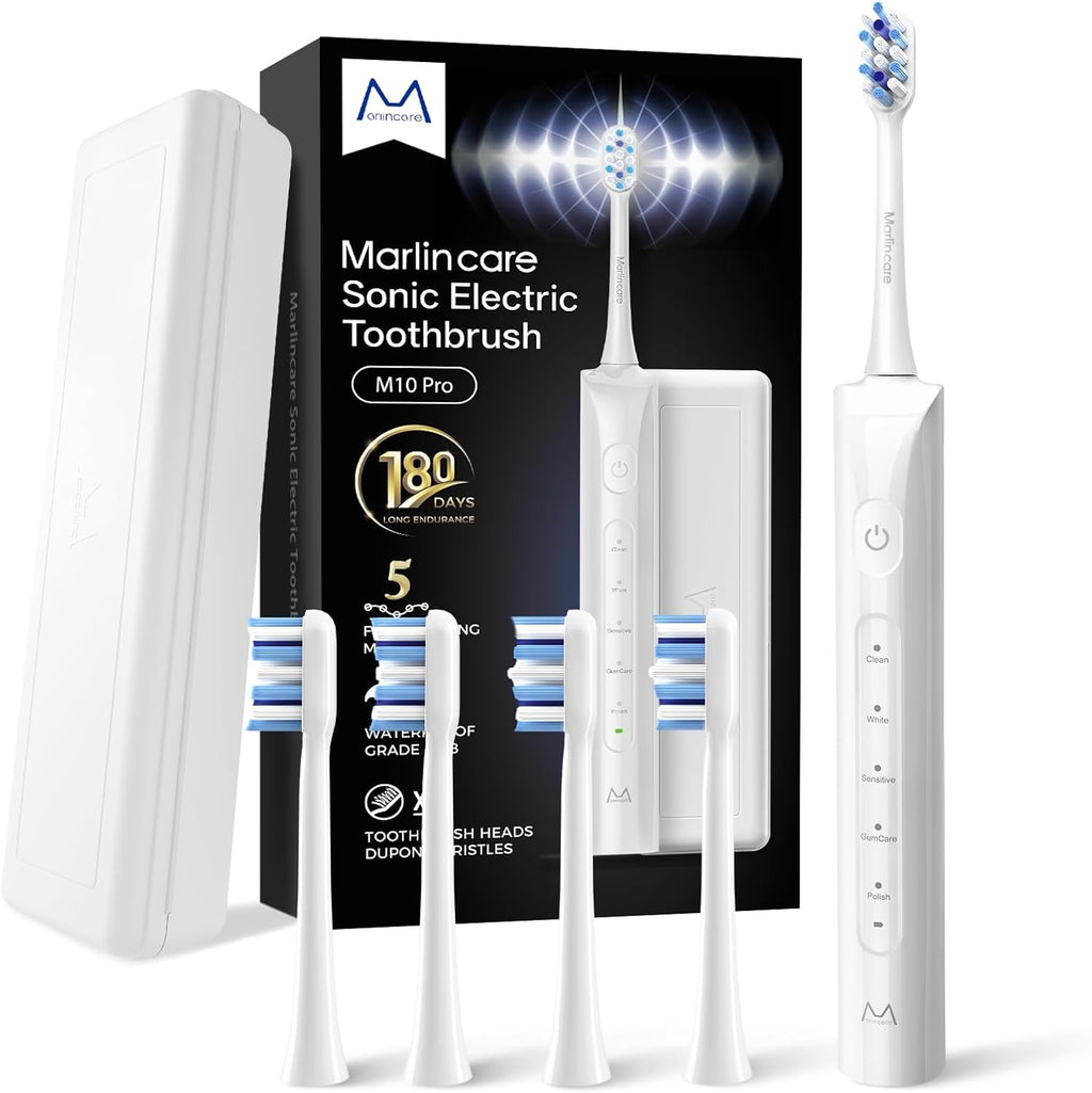 Electric Toothbrush for Adults, Rechargeable Sonic Travel Toothbrush Teens with 4 Brush Heads-180 Days Battery Life, 55000VPM, 5 Modes Smart Timer& Travel Case, White