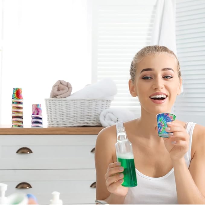 Tiamon 500 Pack 2 oz Paper Cups, Mini Mouthwash Disposable Bathroom Small Paper Drinking Espresso Cups for Home Office Travel Picnic Party Supplies(Tie Dye)