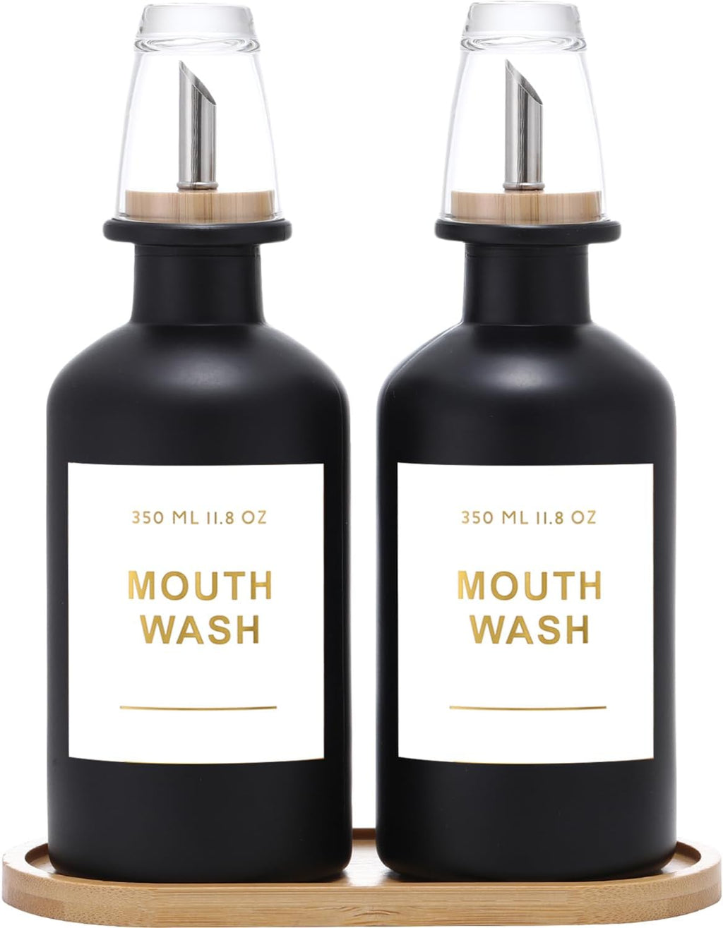 11.8OZ Glass Mouthwash Dispenser for Bathroom with Stainless Steel & Bamboo Nozzle, Mouthwash Cup Reusable, Bamboo Tray, and Elegant Gold Sticker.Set of 2（Black