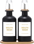 11.8OZ Glass Mouthwash Dispenser for Bathroom with Stainless Steel & Bamboo Nozzle, Mouthwash Cup Reusable, Bamboo Tray, and Elegant Gold Sticker.Set of 2（Black