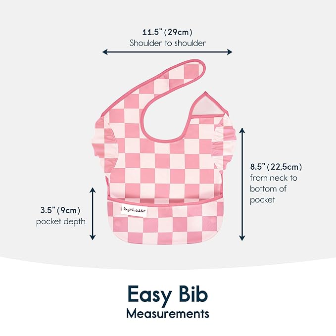 Tiny Twinkle Mess-Proof Baby Bibs for Eating | Waterproof, Wipeable Toddler Bibs with Catch-All Pocket | Feeding Bibs for Girls & Boys(3 Pack,Checkers Girl)