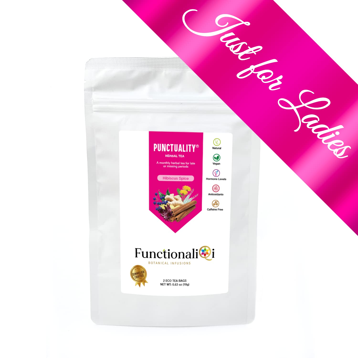 FunctionaliQi Punctuality Functional Herbal Tea Bags with Hibiscus Spice, Black and Blue Cohosh,Ginger, Dandelion for Late Menstrual Period (2 Eco Tea Bags)