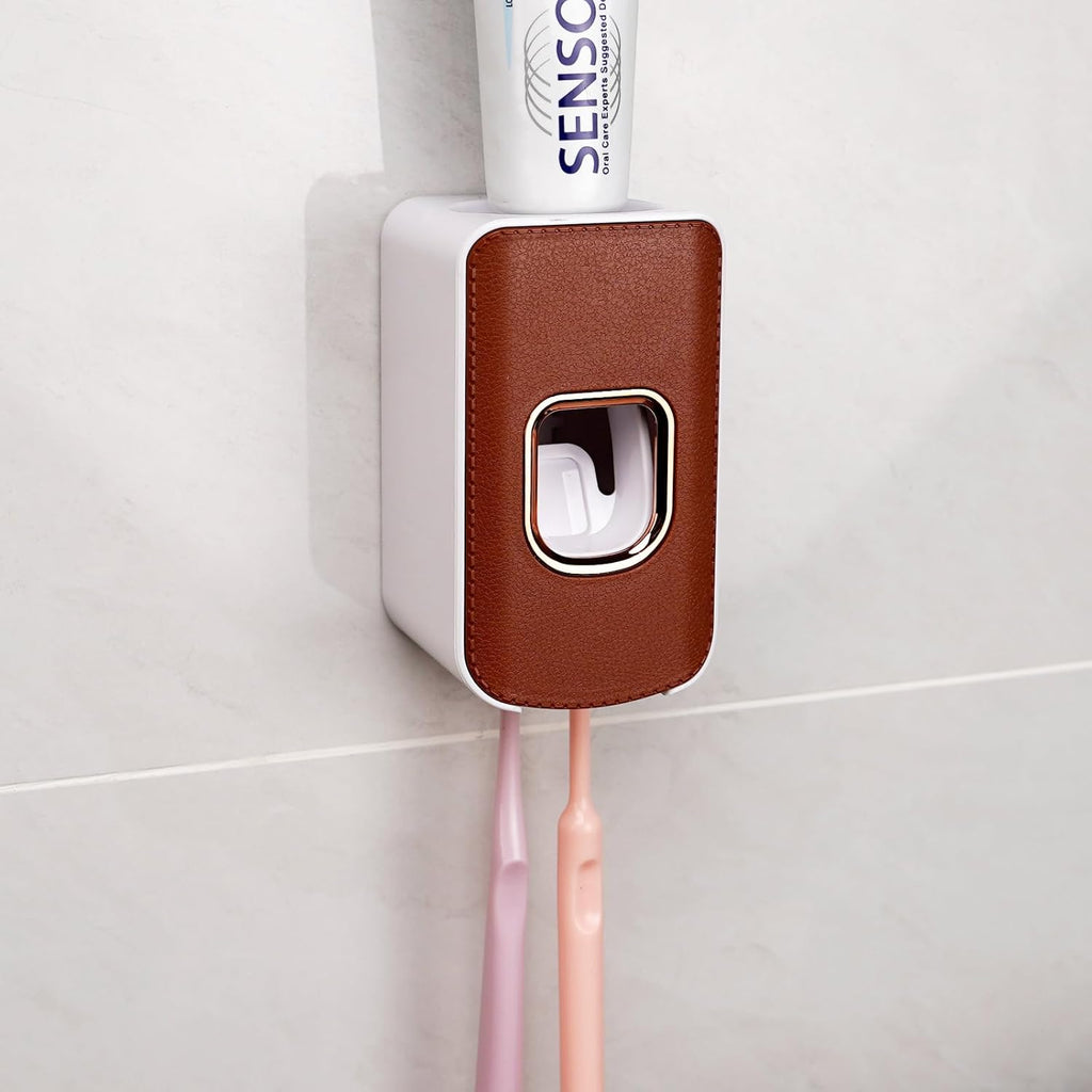 2 Slot Toothbrush Holder and Toothpaste Dispenser Wall Mounted, Automatic Toothpaste Squeezer, 2 in 1 Tooth Brush Toothpaste Organizer for Shower (Brown 2Pack)