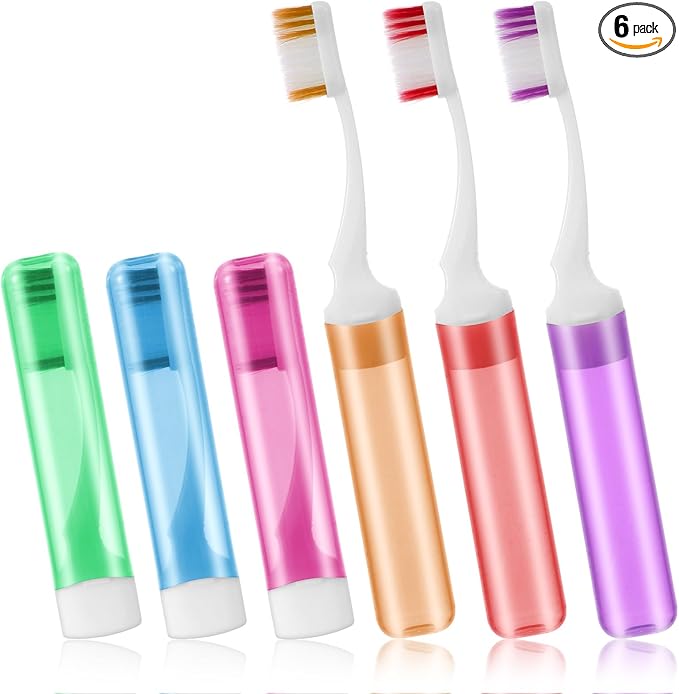 6Pcs Travel Toothbrush Kit, Mini Portable Toothbrush Set with Covers, Small Soft Folding Tooth Brush Individually Wrapped for Camping and Home, Red, Blue, Pink, Purple, Orange, Green