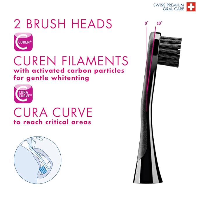Curaprox Black is White Hydrosonic Toothbrush – Teeth Whitening and Gum Care | Ultra-Gentle Cleaning with Carbon Brush Heads | Set with Charger and Travel Case