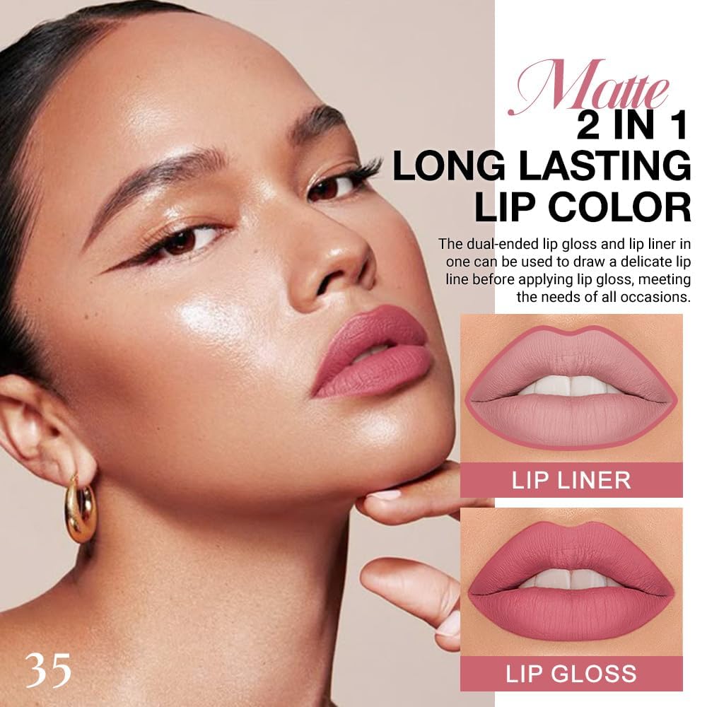 1Pcs 2 in 1 Mauve Pink Matte Lip Liner and Liquid Lipstick Stain Makeup Set for women, Light Mauve Long Lasting Smudge Proof Lip Tint Matte Finish Lip Gloss for All-Day Color Hold Easy to Use 35#