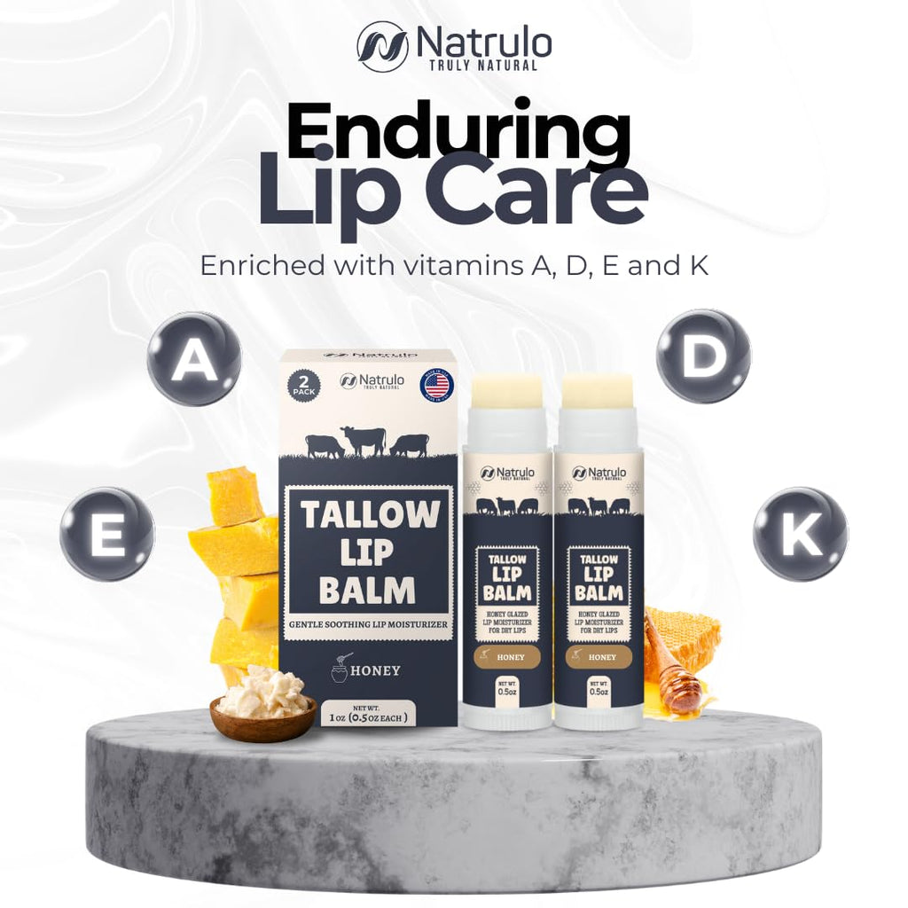 Beef Tallow Lip Balm – Natural Tallow Beeswax Chapstick – Hydrating Moisturizer Grass Fed Bison Tallow Balm Lip Care – Soothes Chapped Dry Lips, Sensitive Skin – Long Lasting Vitamin Rich USA-Made 2Pk