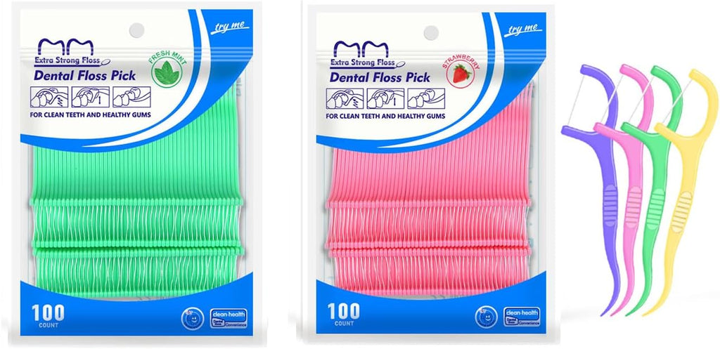Fruit Flavored Floss，toothpicks，Cleaning Teeth，Ultra-fine Dental Floss Stick, Fight Tooth Decay and Keep Your Teeth Clean，Teeth Cleaning Tool (200 Pieces (Bagged/Single line), Mint+Strawberry Flavor)