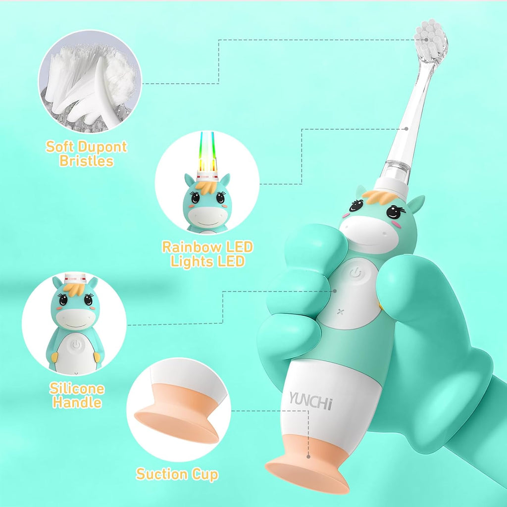 YUNCHI Toddler Electric Toothbrush Kids 0-3-6 Years, Baby Electric Toothbrush with Colorful LED Light, Battery Powered Toddler Toothbrush with 2 Minutes Timer 4 Brush Heads, Infant Toothbrush (Green)