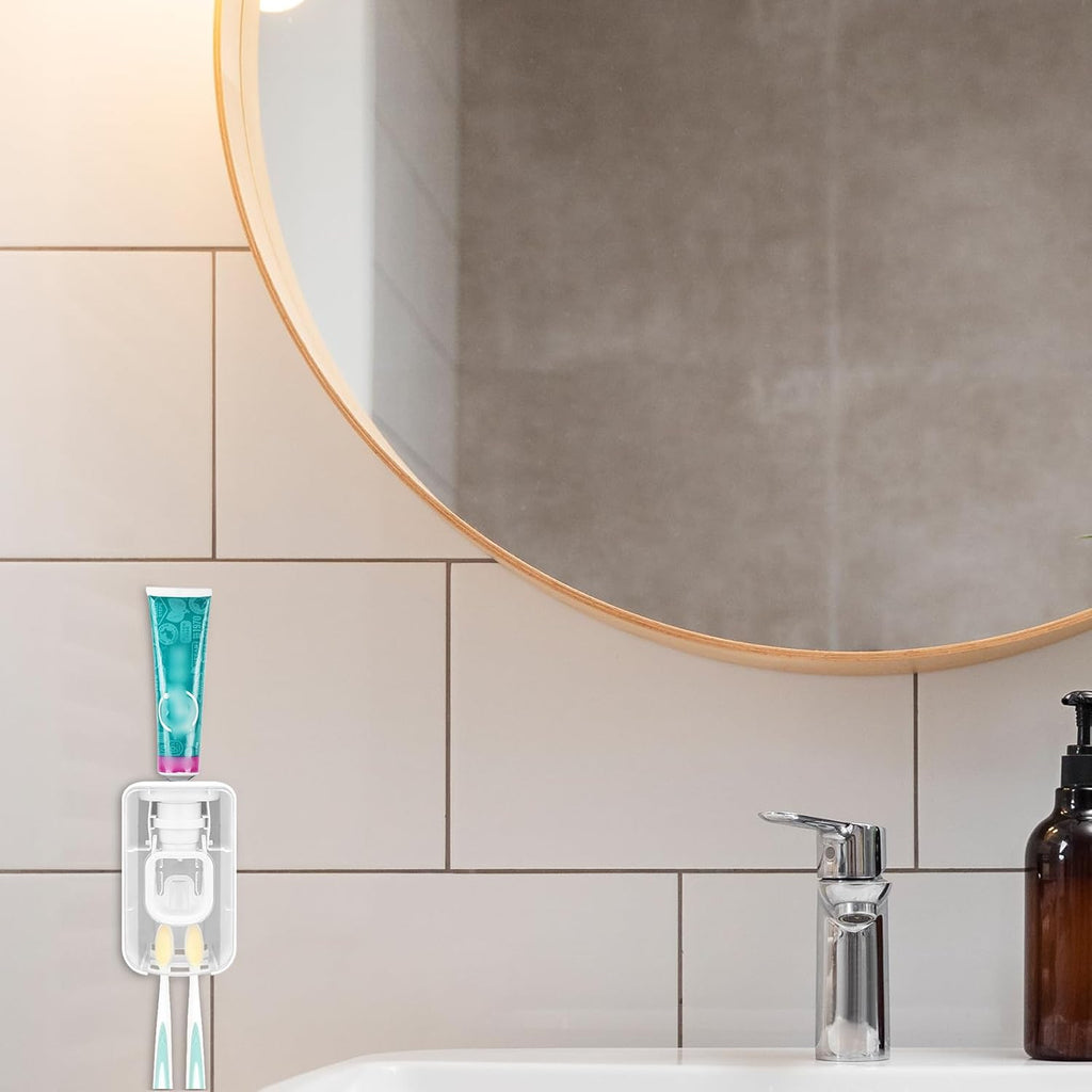 2 Slot Toothbrush Holder and Toothpaste Dispenser Wall Mounted, Automatic Toothpaste Squeezer, 2 in 1 Tooth Brush Toothpaste Organizer for Shower (Clear)