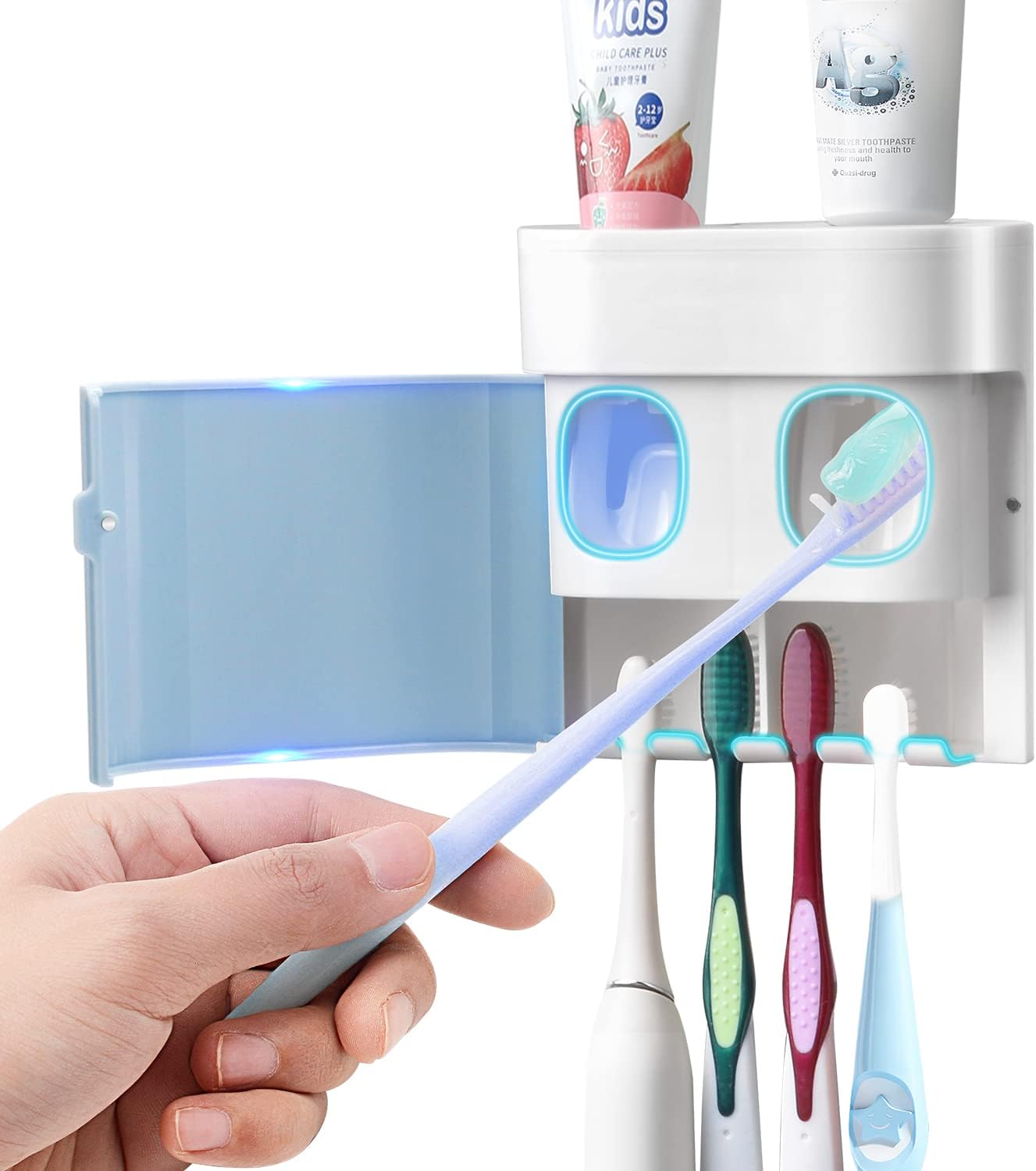 Toothbrush Holder Toothpaste Dispenser Wall Mounted with Cover, 4 Slots Electric Tooth Brush Storage Organizer with 2 Automatic Kids Toothpaste Squeezers for Shower Bathroom Blue, Self Adhesive