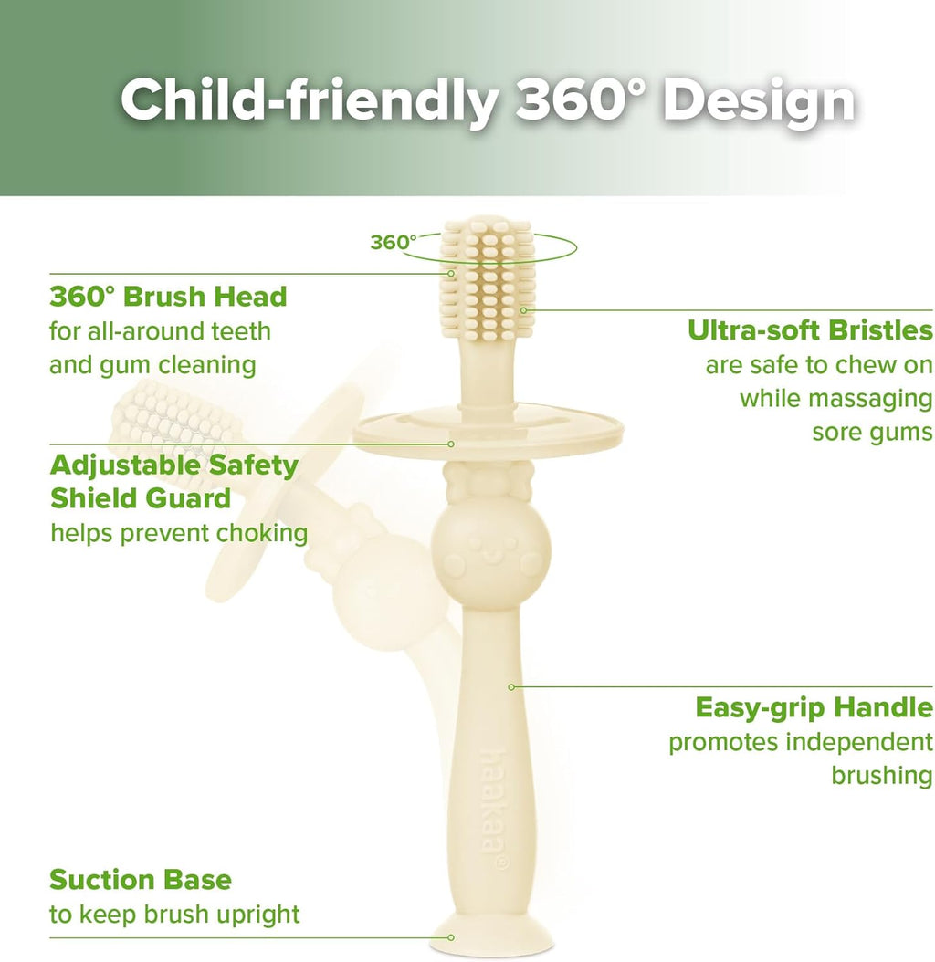 haakaa Infant Toothbrush, Easy to Hold 360° Baby Toothbrush, Train 6month+ Infants Babies and Toddlers for Oral Hygiene, Teether Effect for Sore Gums, 1pc (Cream)