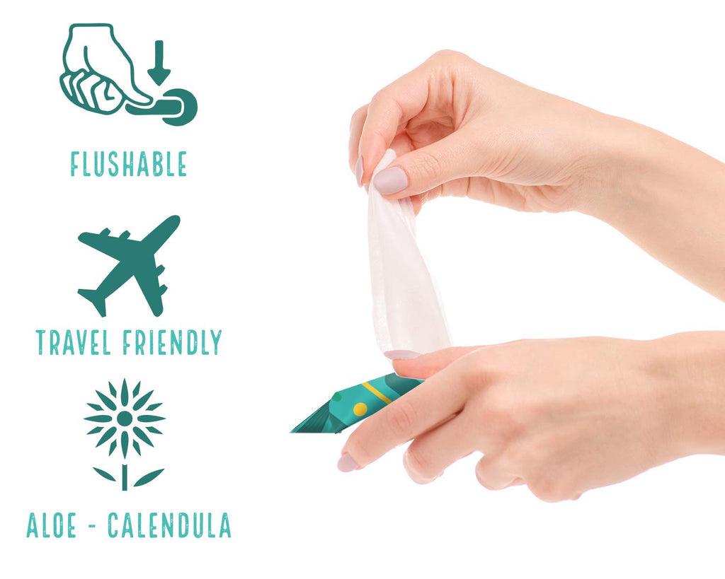 Flushable Wet Wipes for Travel - Travel Flushable Wipes with Soothing Aloe and Calendula - 12 Packs of 15 Count Each - 180 Wipes Total