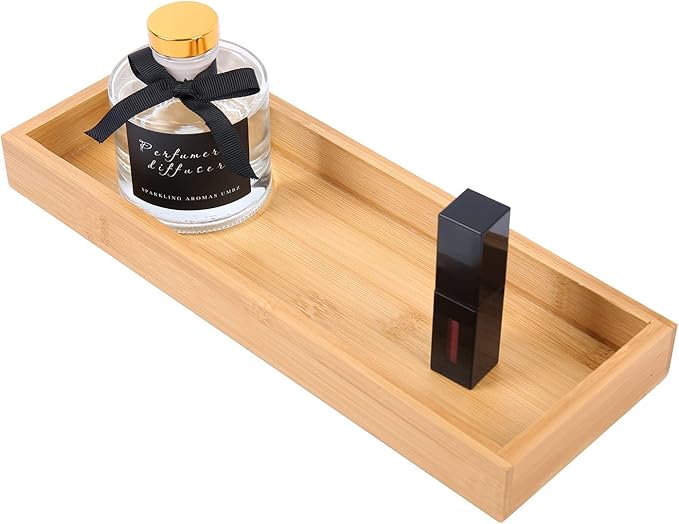 Natural Bamboo Rectangular Vanity Tray, 11.8 x 4.6 x 1.2 inches, Brown, Solid, Rustic, Eco-friendly, Non-slip, Perfect for Perfume, Toiletries, Decorative Items