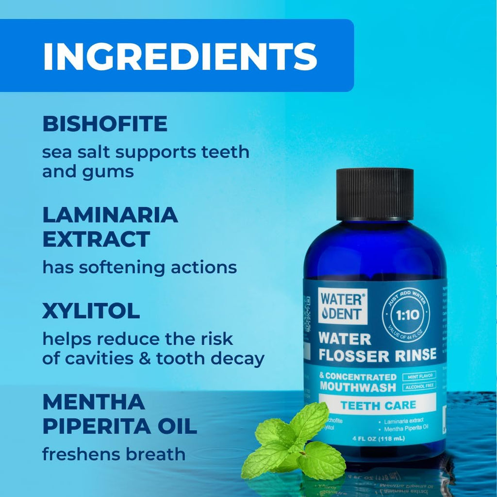 | Water Flosser Rinse, IRRIGANT, Concentrate Mouthwash | When dilluted1:10 = 44 fl.oz, Travel Size, Add to Oral irrigator, Mint Flavor, Alcohol & Fluoride Free. Made in USA | 4 fl.oz